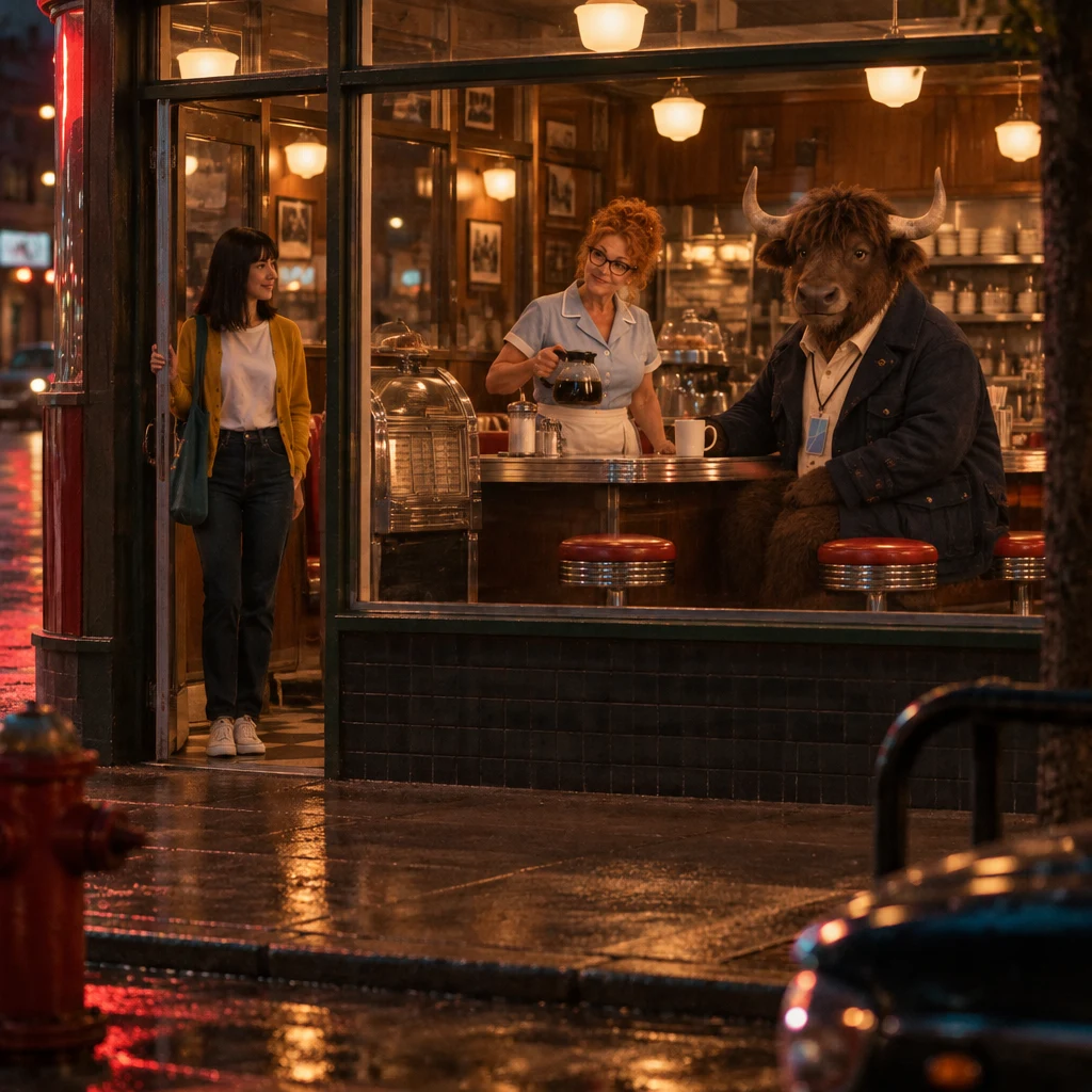 Ana pauses at the half-open diner door with her teal bag while Dee and Murray remain inside.