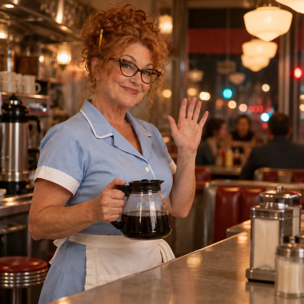 Dee gives Ana a brief, casual wave from behind the counter.
