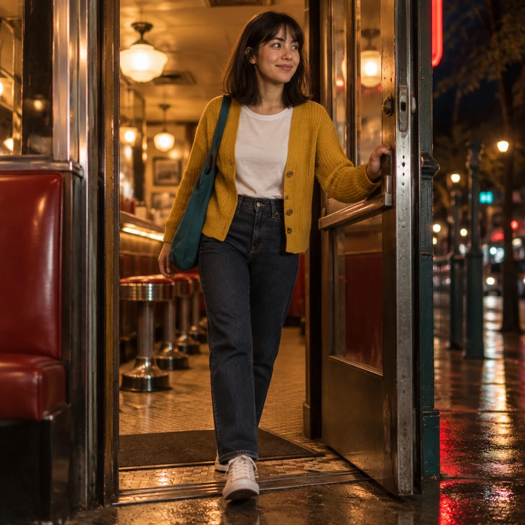 Ana steps over the threshold with her teal bag, beginning to leave the diner.