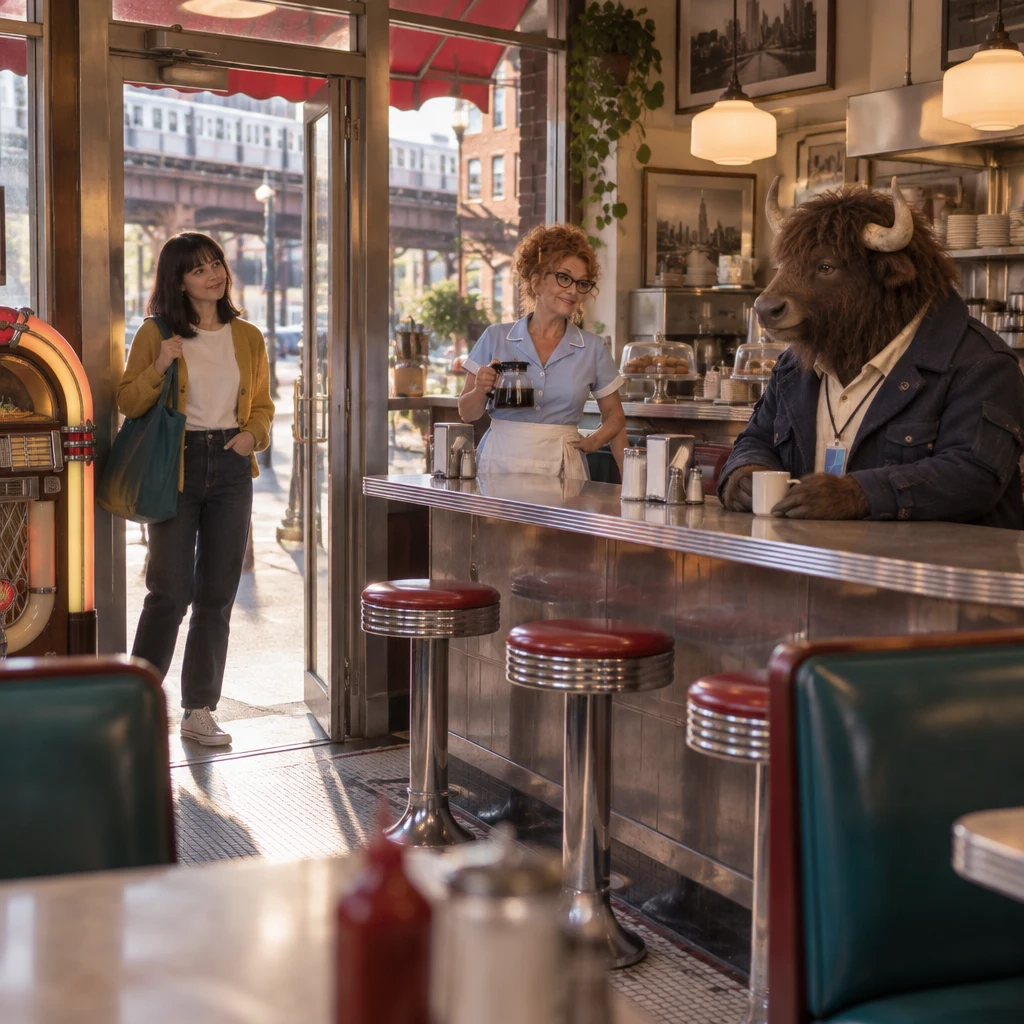 Ana pauses at the diner door while Dee holds the coffee pot and Murray sits at the counter with unfinished coffee.