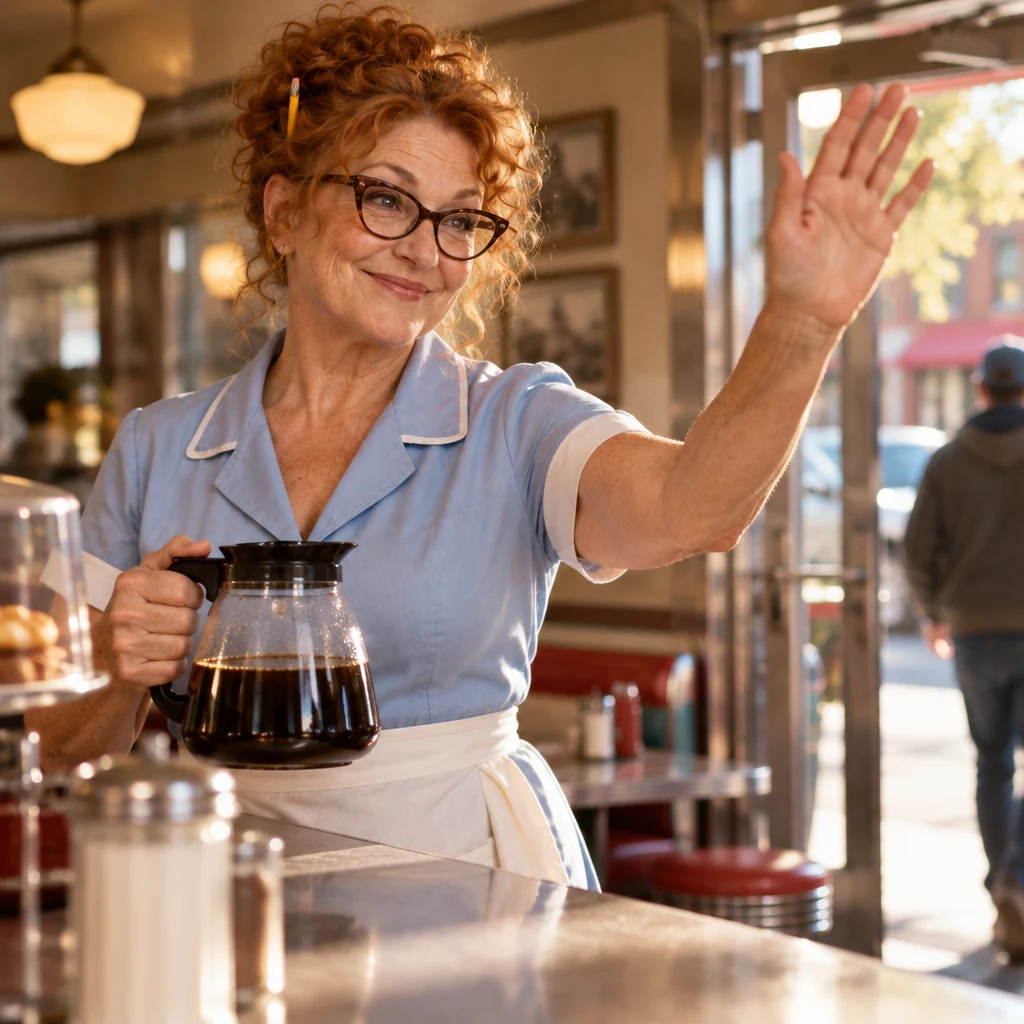 Dee lifts a hand in a warm farewell while keeping hold of the coffee pot.
