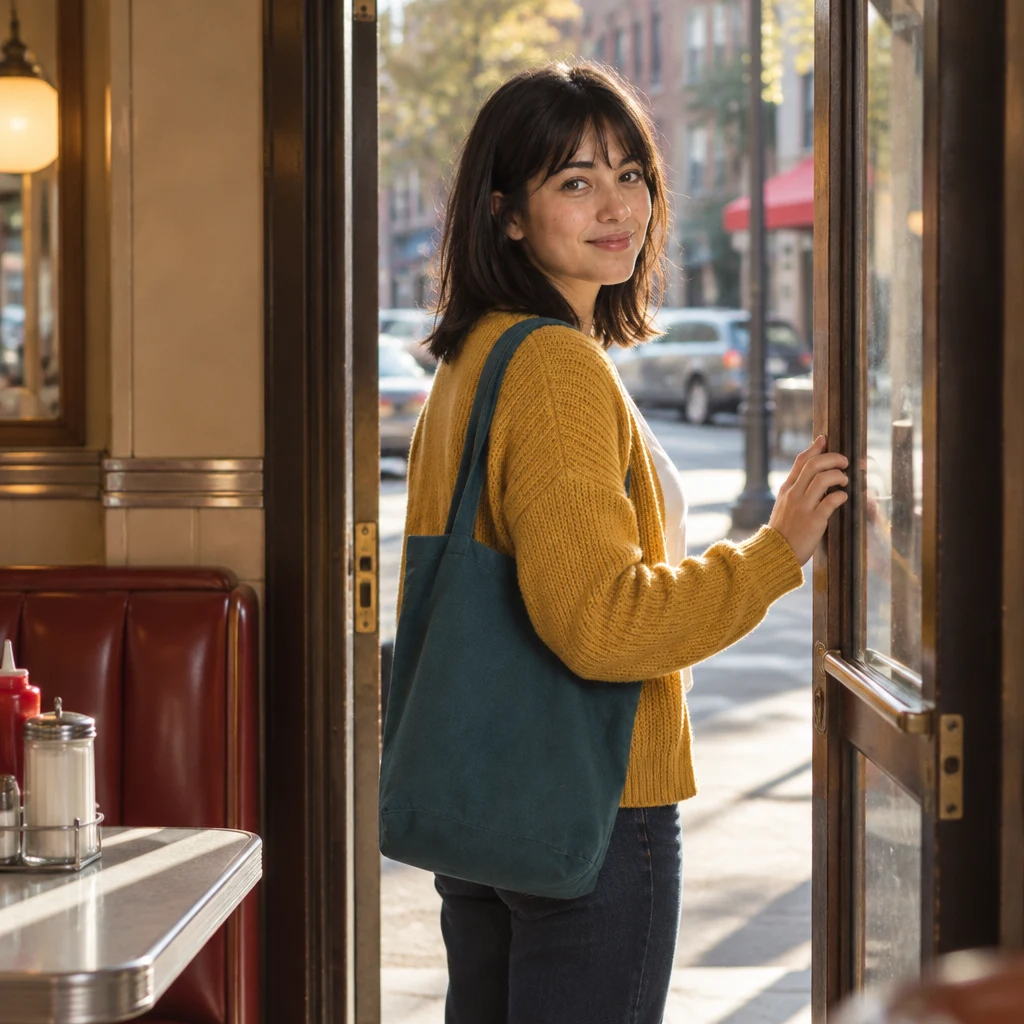 Ana stands at the open diner door with her tote and turns back toward the counter.