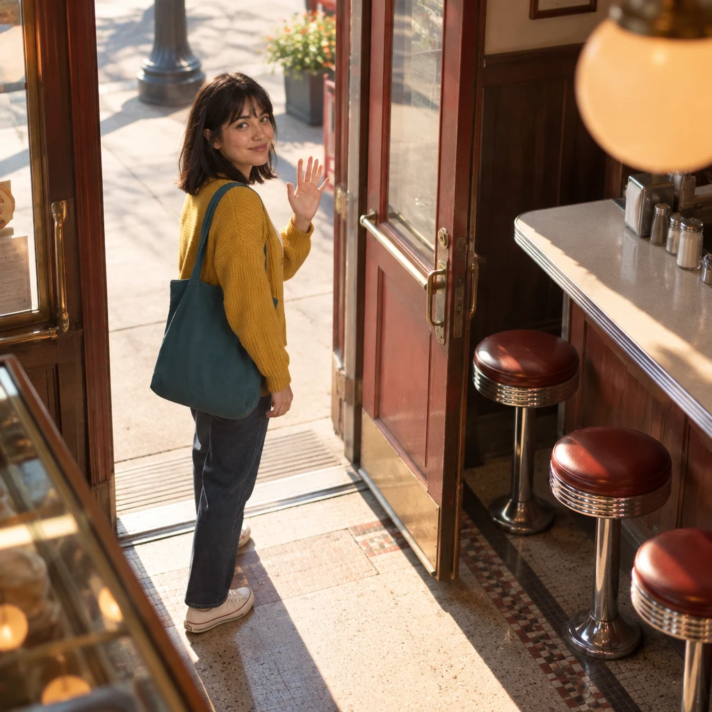 Ana stands half outside the diner with her tote and raises a hand in goodbye.