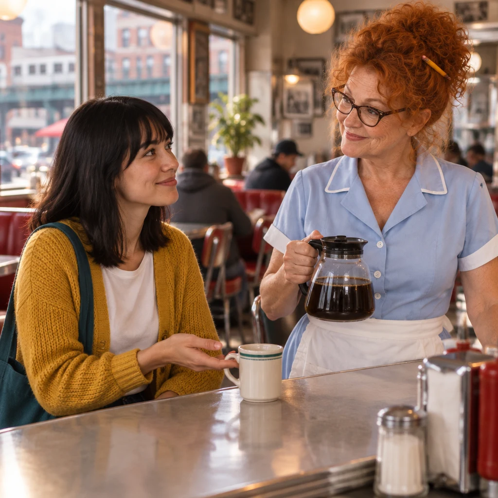 Ana makes a polite request to Dee, holding out an open hand beside an empty mug.