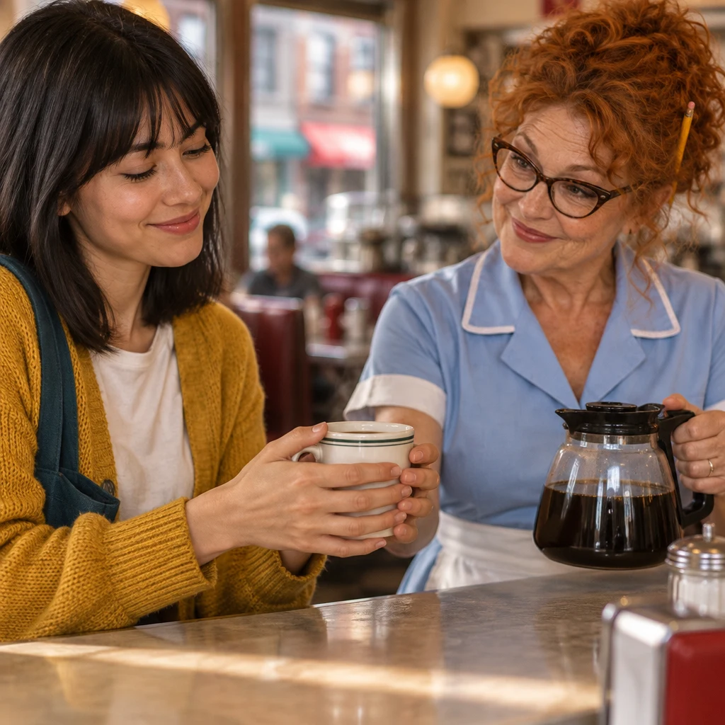 Ana accepts a filled mug from Dee with both hands in a grateful gesture.