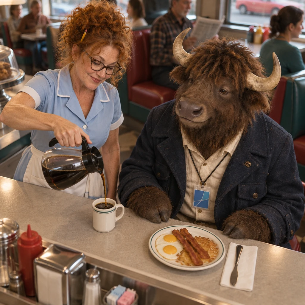 Dee turns to Murray and fills his coffee mug at the end of the counter.