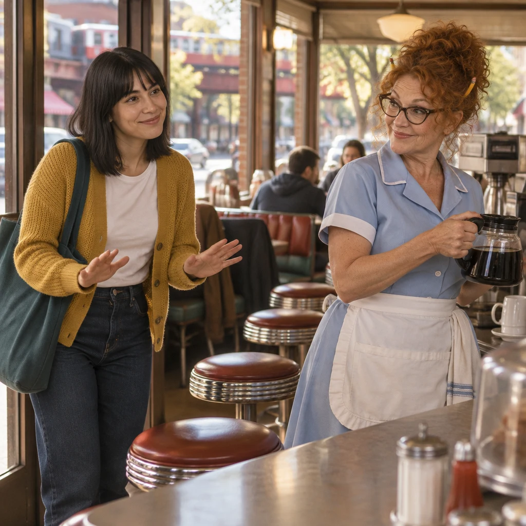 Ana asks Dee to slow down while Dee is still at the coffee pot.