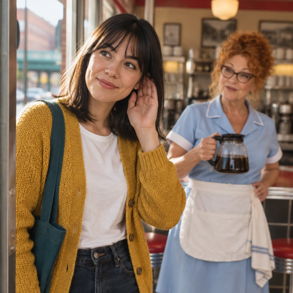 Ana reacts when Dee repeats the food list too quietly to hear clearly.