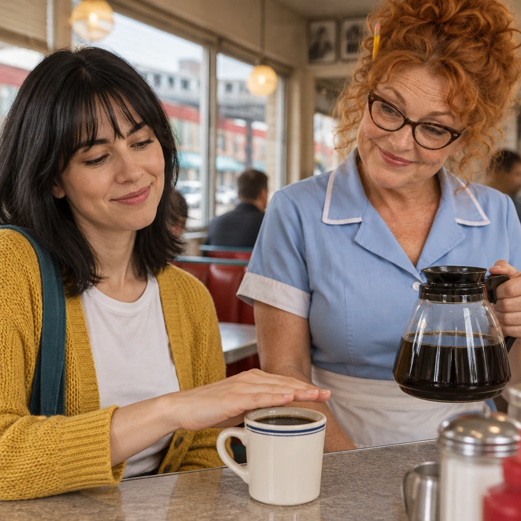 Ana covers the rim of her full cup as Dee pauses with the coffee pot.