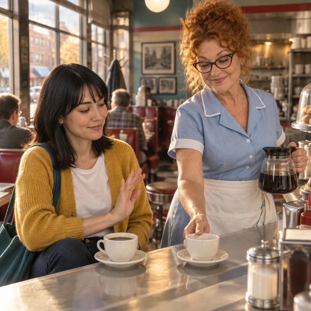 Dee reaches toward a second cup while Ana indicates that she does not need another.