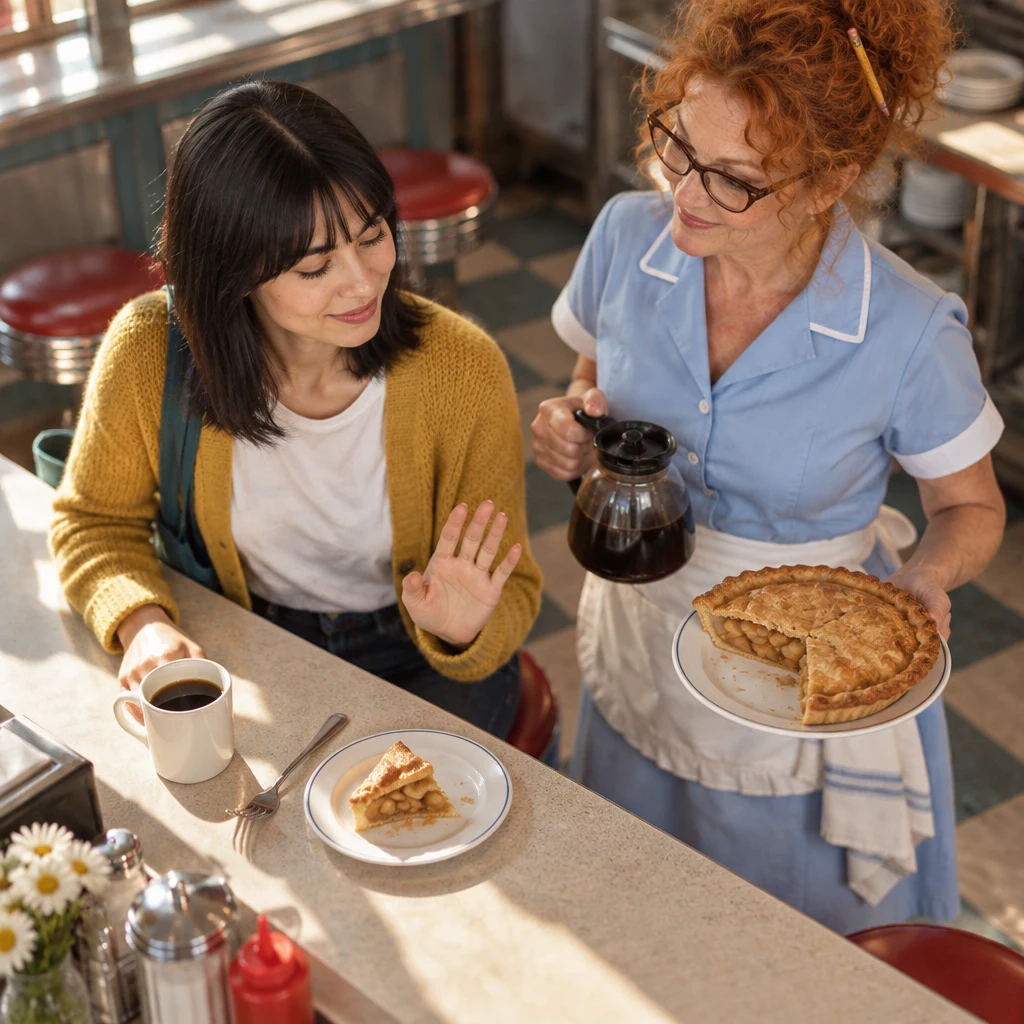 Ana signals that the small serving of pie is enough while Dee holds the serving plate nearby.