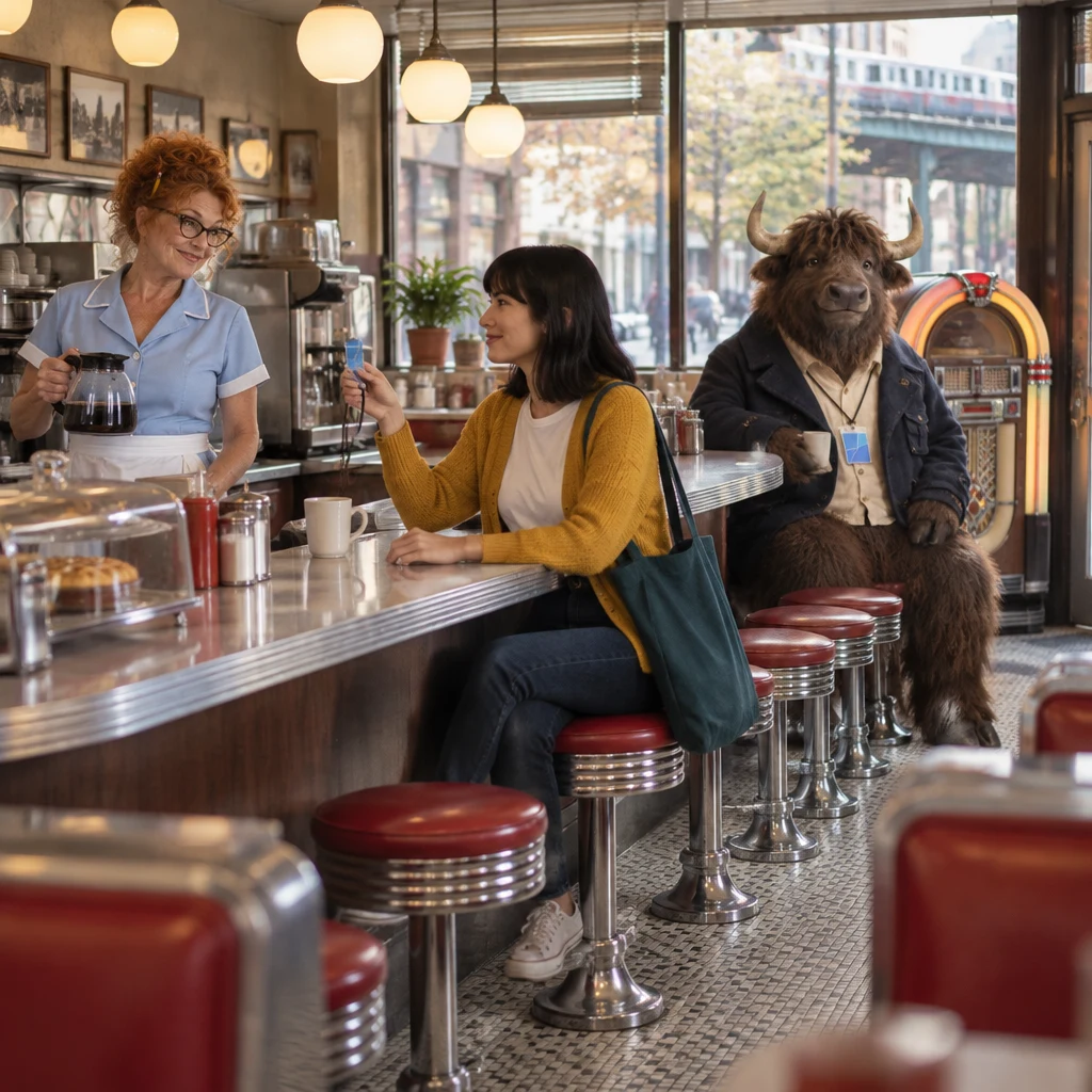 Ana holds the transit card at the counter while Dee watches and Murray sits by the quiet jukebox.