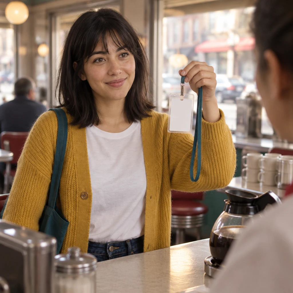 Ana raises the transit card toward the coffee station in an inquiring gesture.