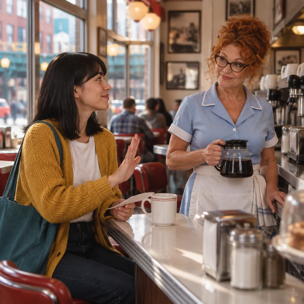 Ana declines ownership with an open palm while Dee listens beside the counter.