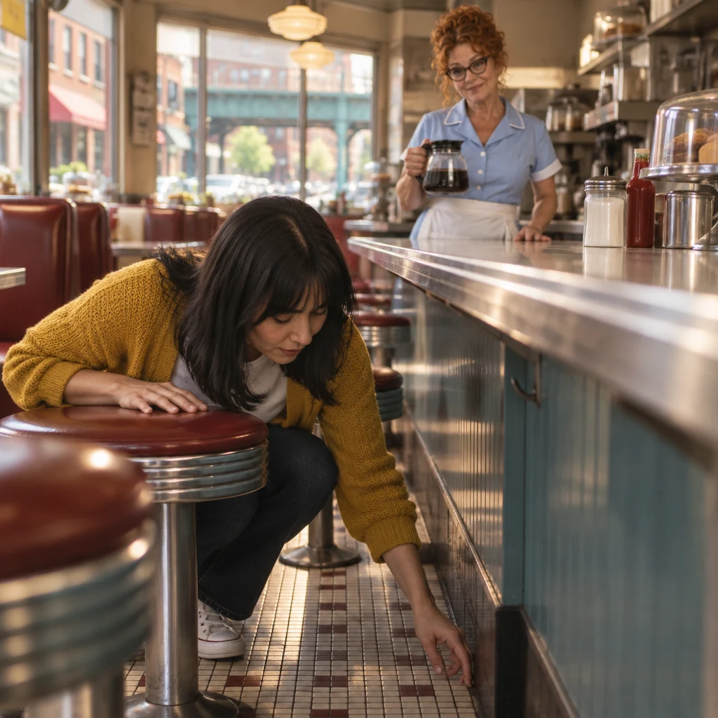 Ana checks beneath the counter and around her empty stool while Dee looks toward the other end.