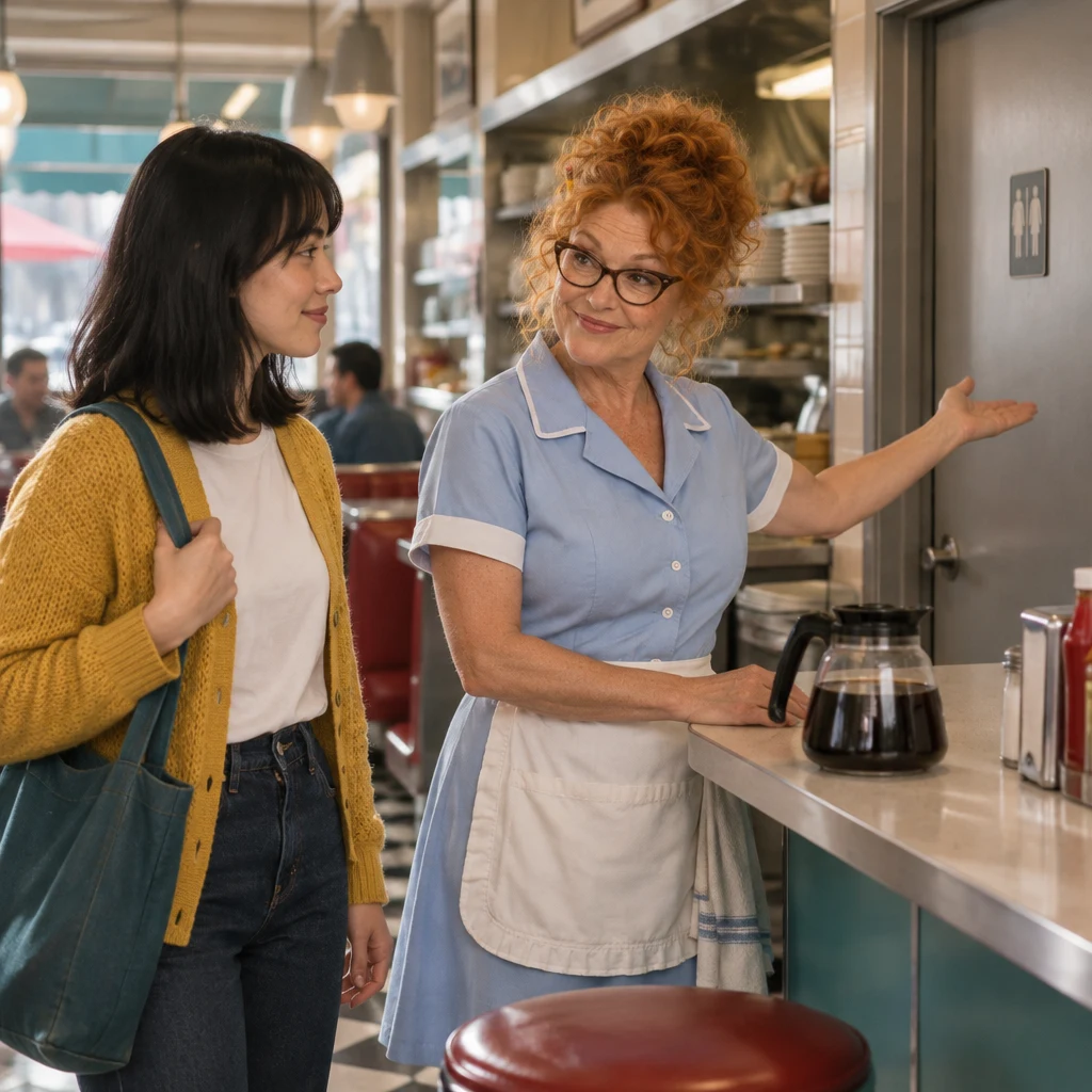 Dee points out the restroom door to Ana from the counter.