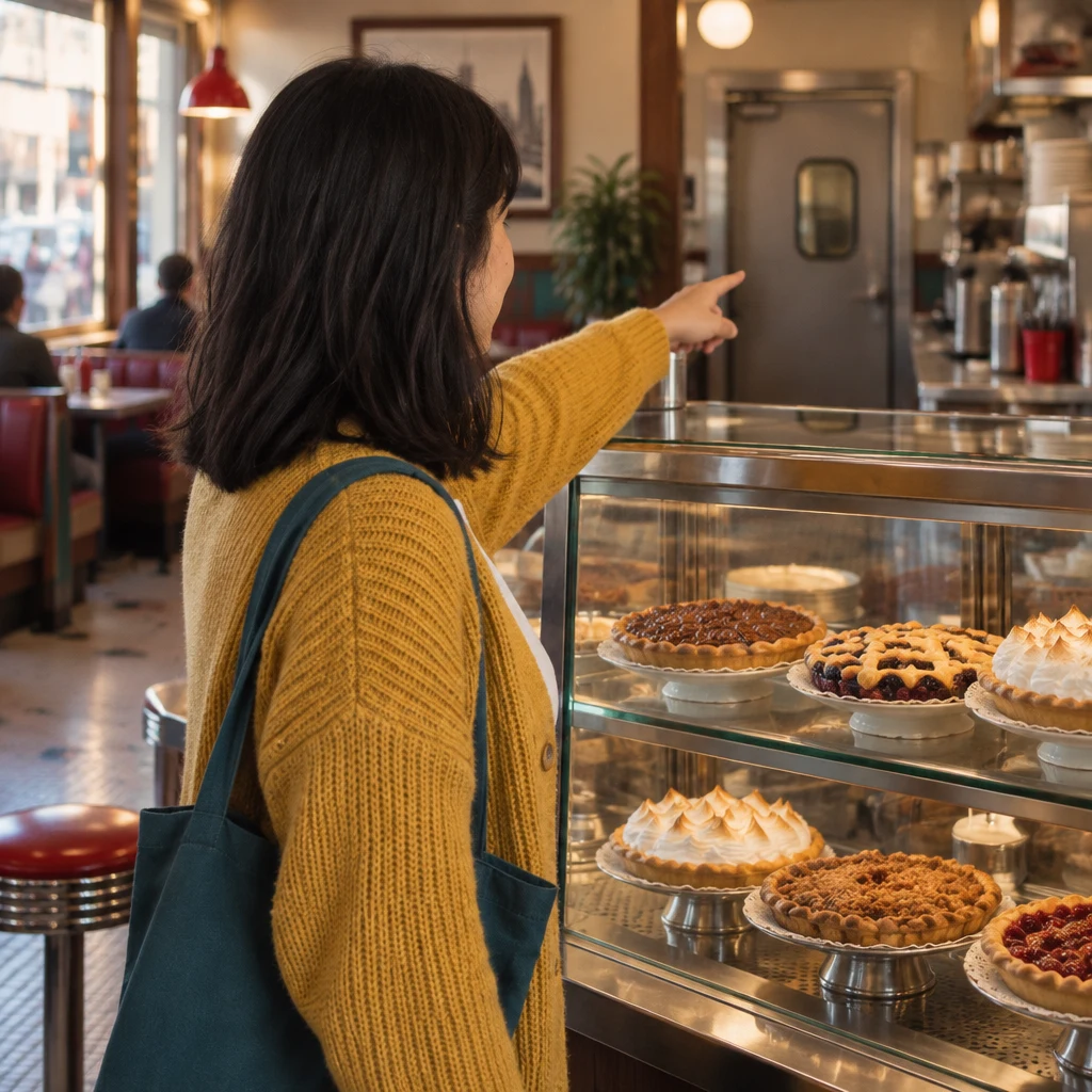 Ana points toward the door at the back of the pie case.