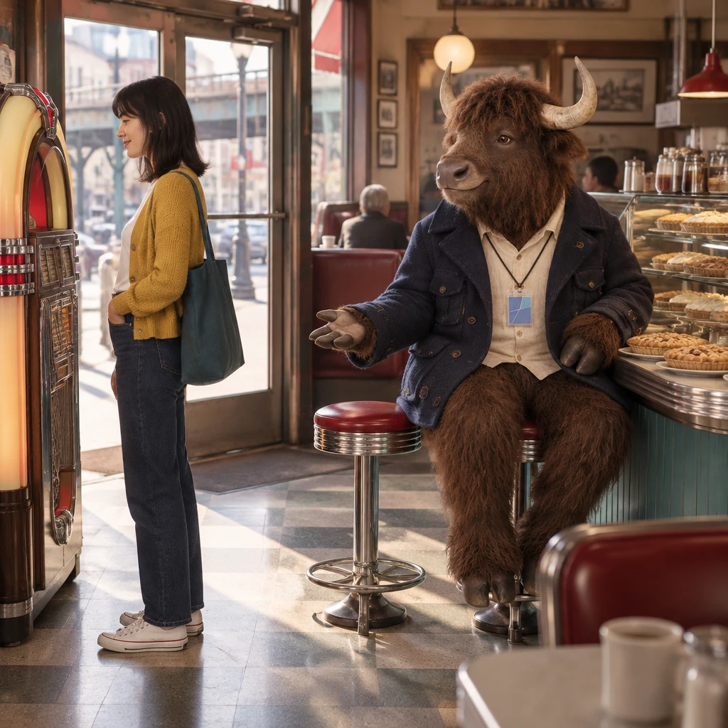 Ana waits in front of the blank-faced jukebox while Murray sits beside the pie case and indicates the space at his side.