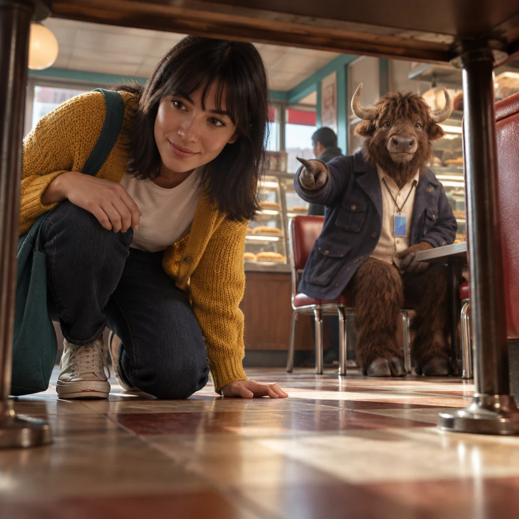 Ana looks under a table as Murray points from beside the pie case.