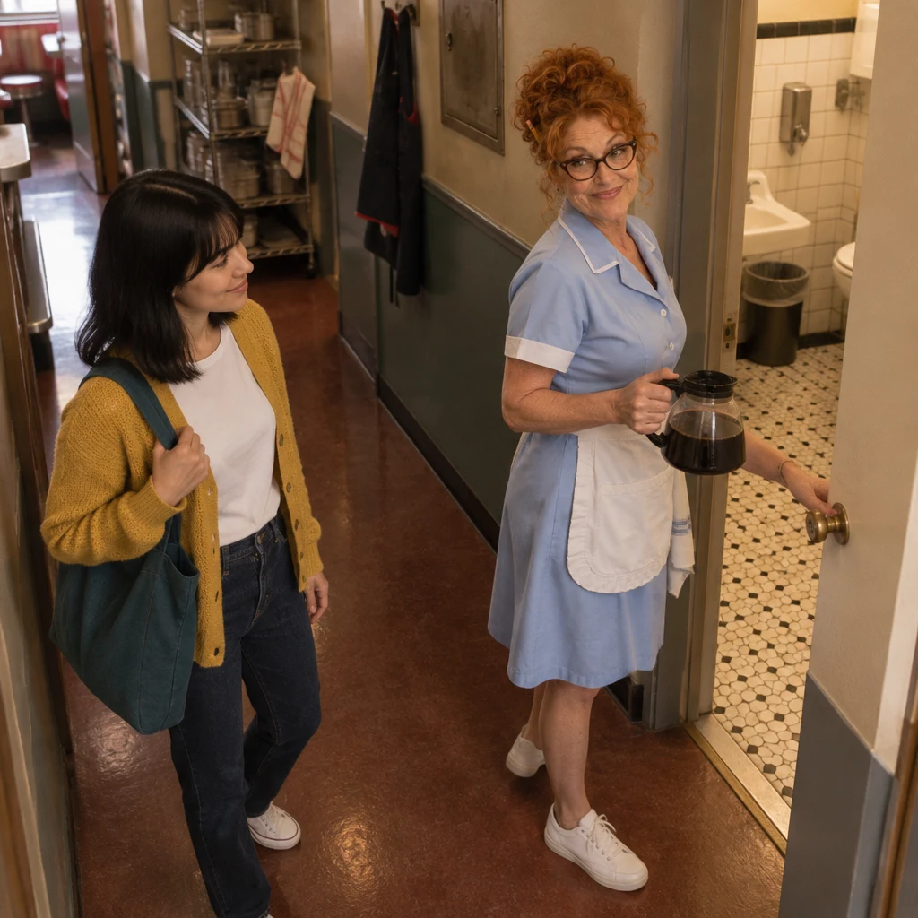 Dee holds open an interior door while Ana stands inside the diner near the back hall.