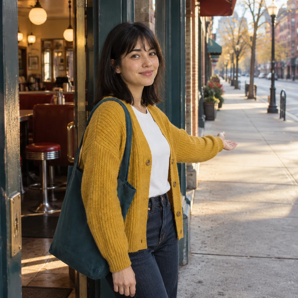 Ana stands just outside the diner doorway and gestures toward the quiet morning street.
