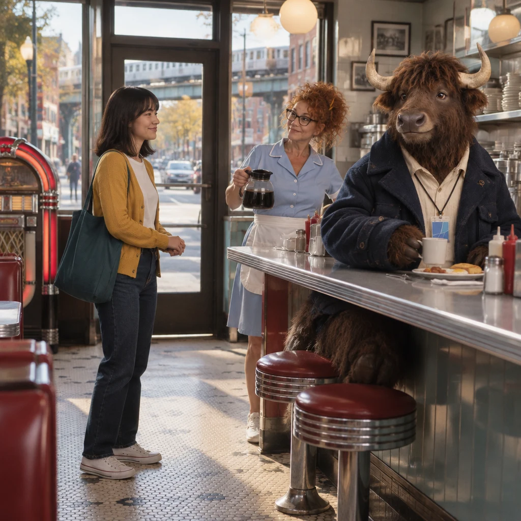 Ana stands at the counter while Dee holds the coffee pot and Murray sits with eggs and unfinished coffee near the quiet jukebox.