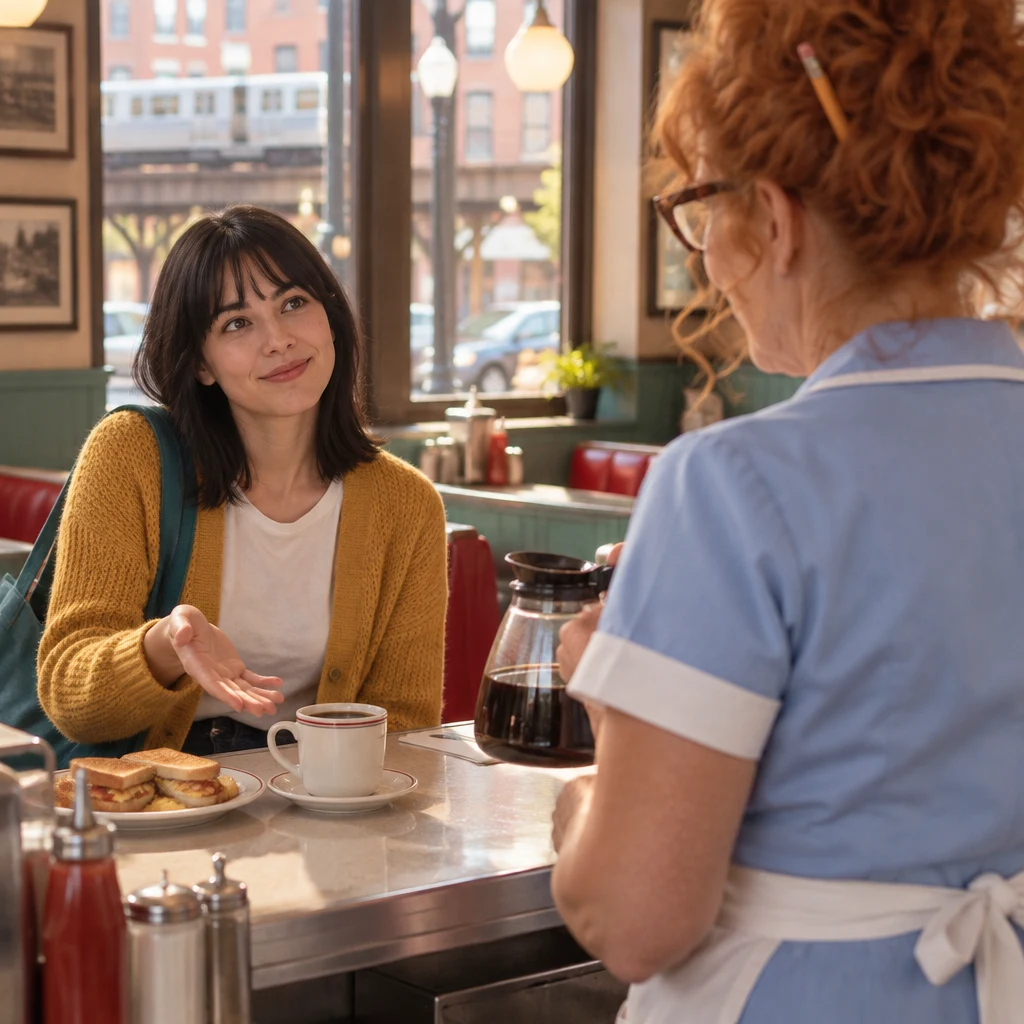 Ana lifts an open hand toward the coffee on the counter as she asks its price.
