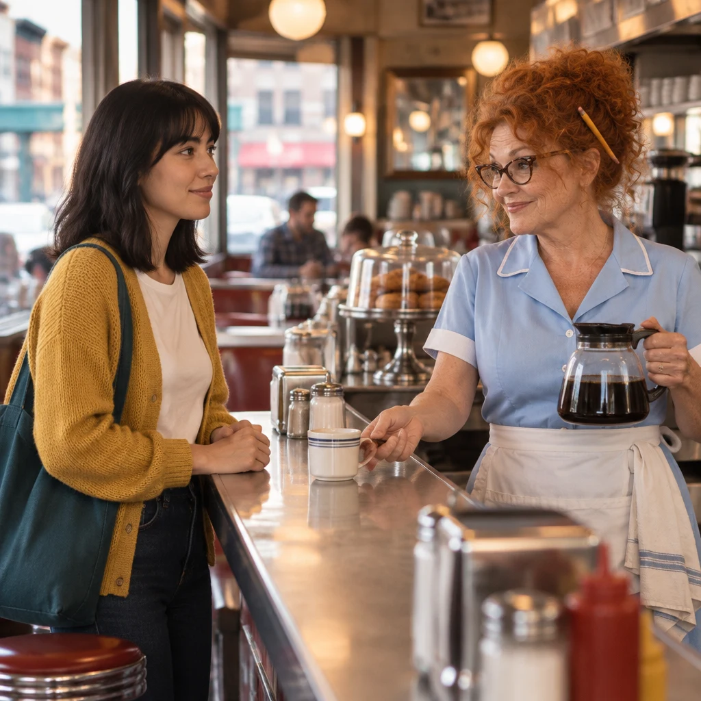 Dee presents the coffee and gives Ana its price.