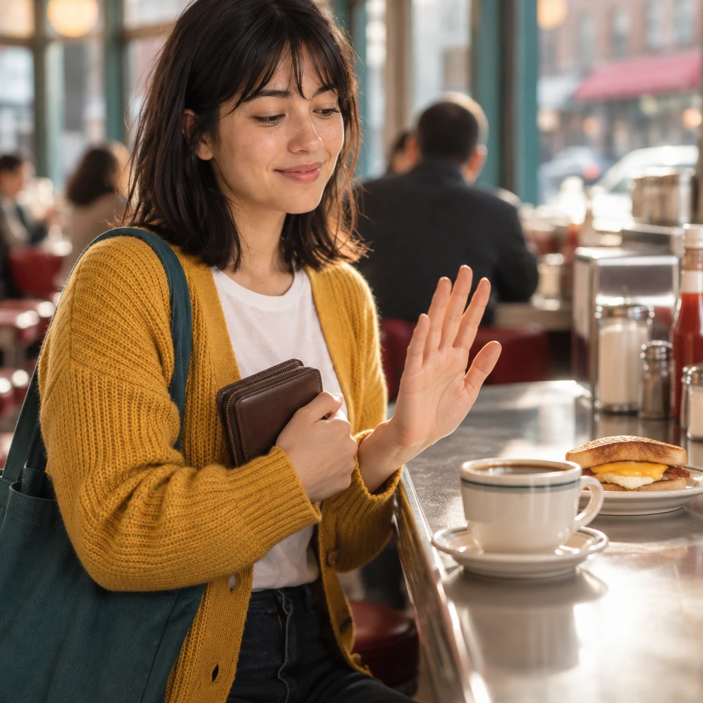 Ana draws back from the coffee with a closed wallet held close and one palm raised.