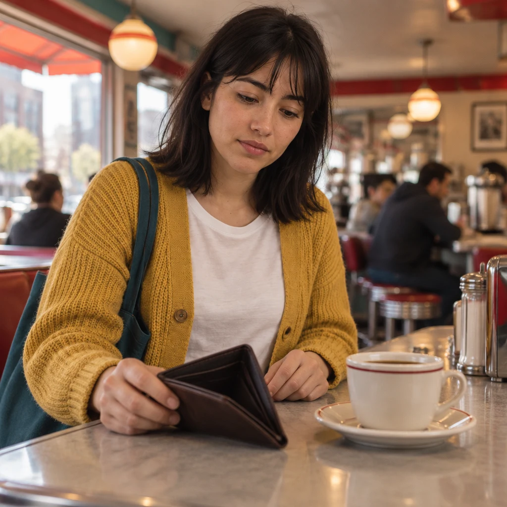 Ana looks down at her open empty wallet beside the coffee on the counter.