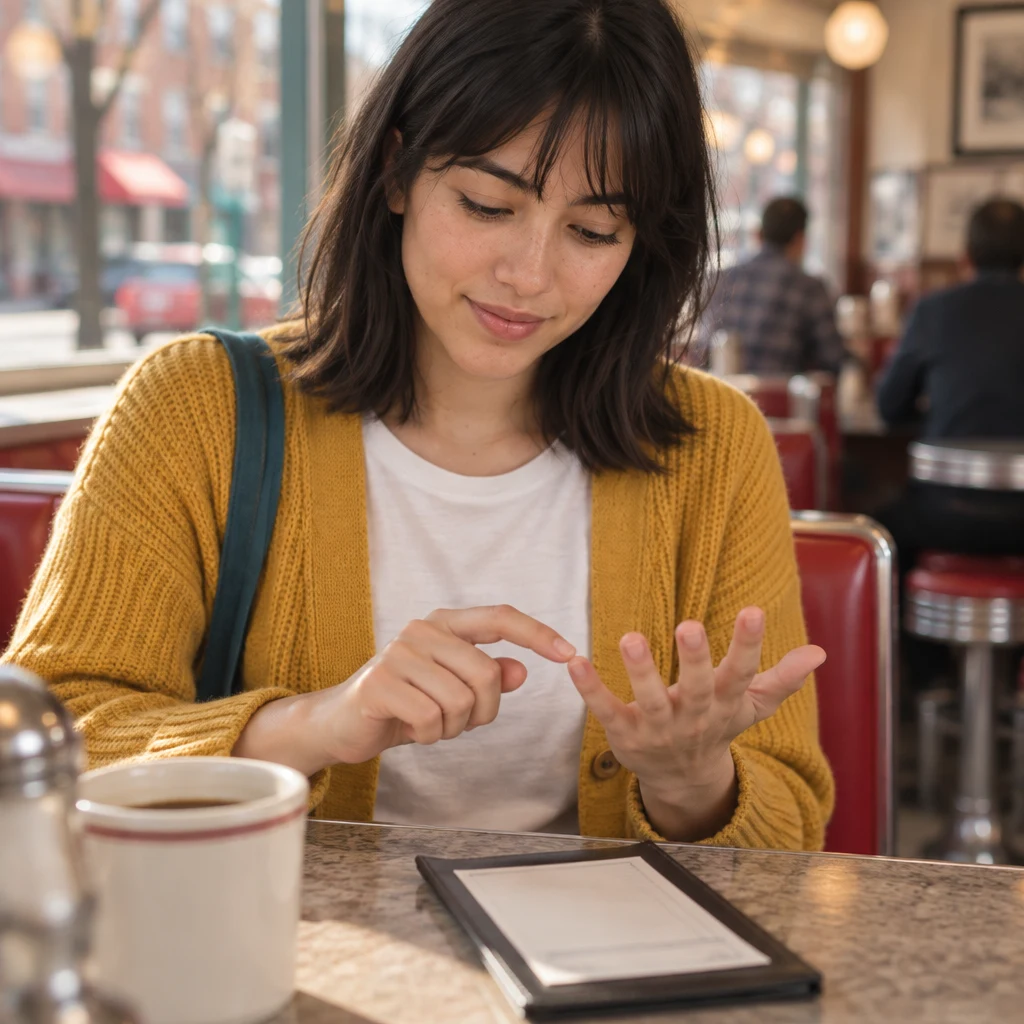 Ana counts on her fingers above the blank check.