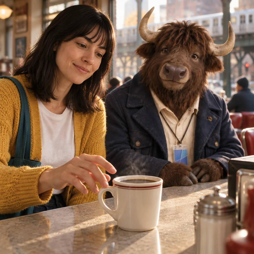 Ana gestures toward the full coffee cup and asks if she may take it.