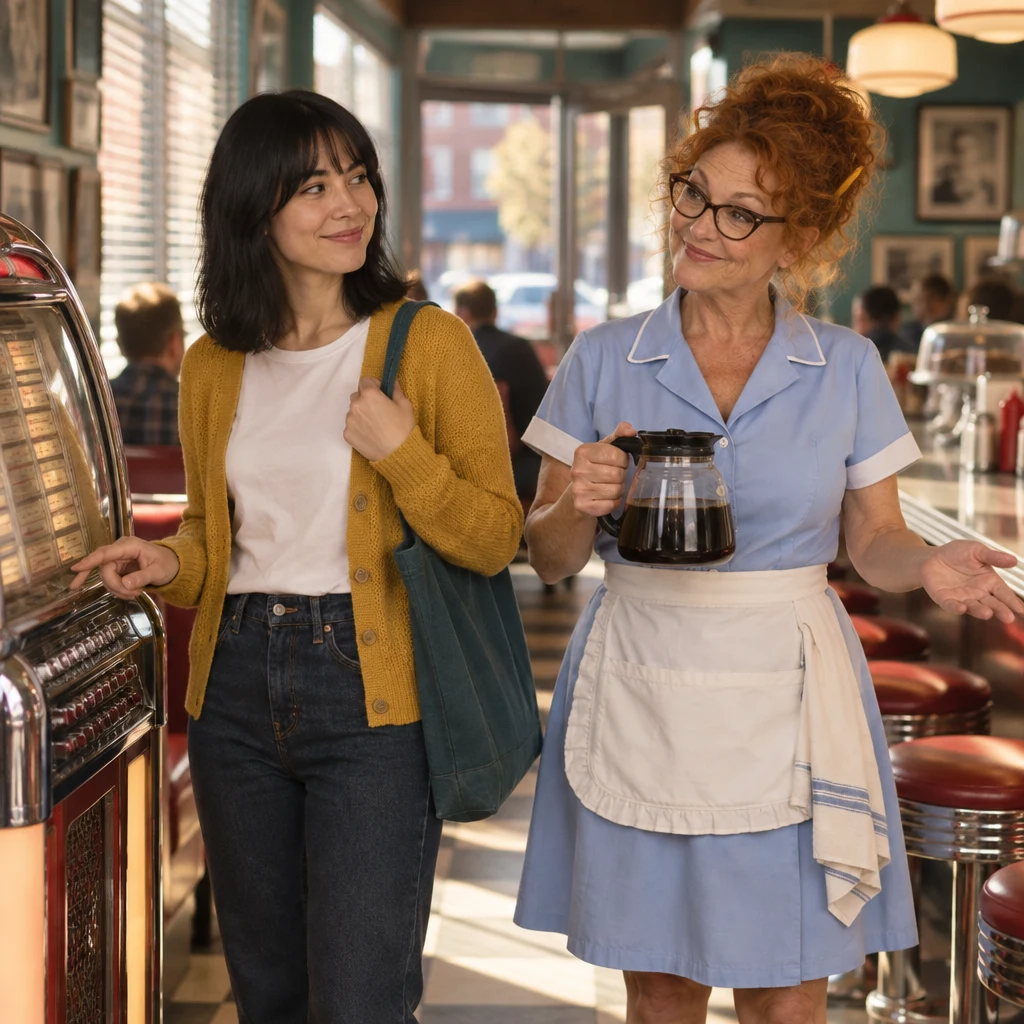 Dee gives Ana a welcoming gesture as Ana considers using the jukebox controls.