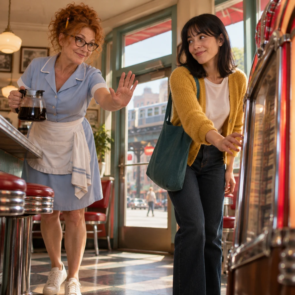 Dee firmly but calmly asks Ana not to open the jukebox door.