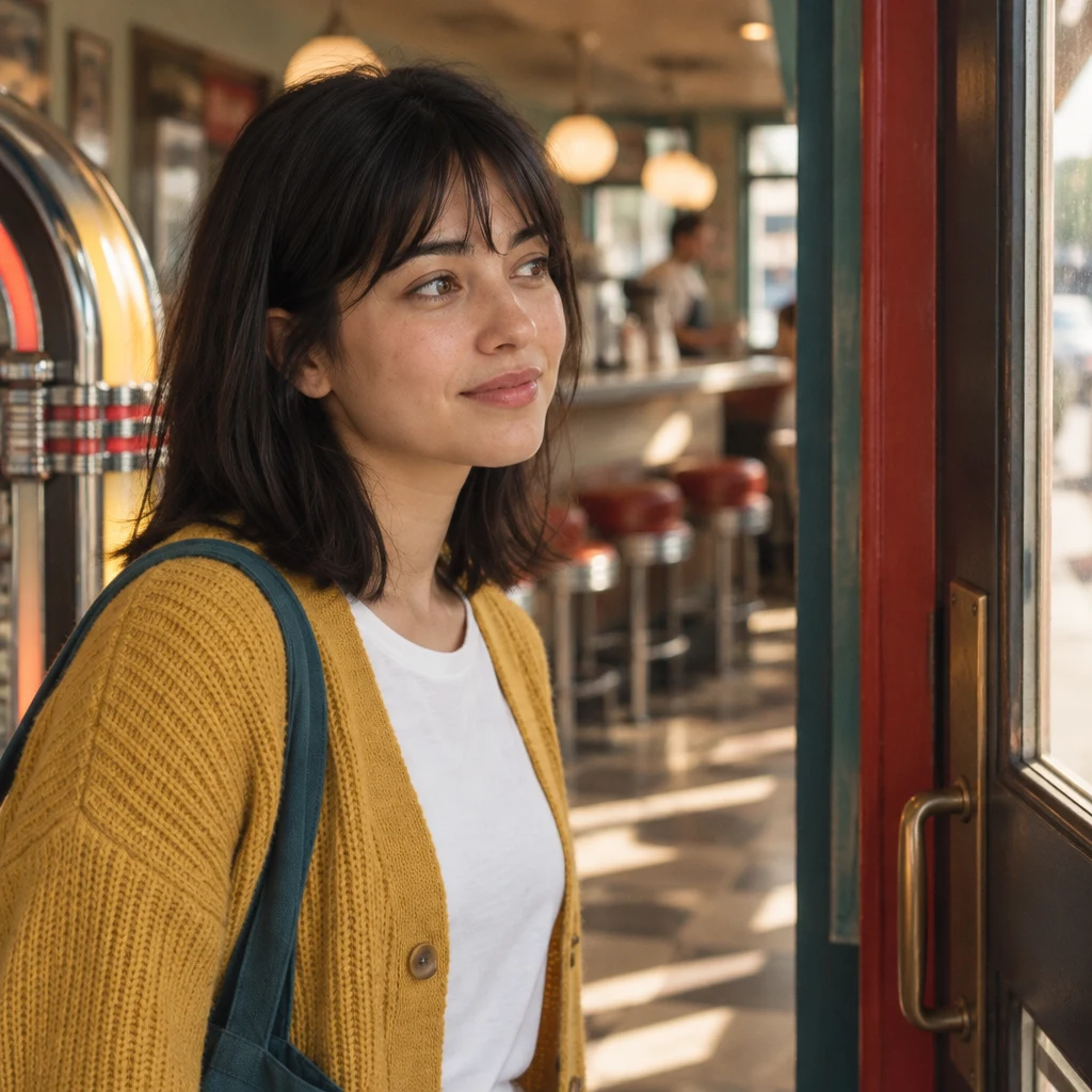 Ana pauses beside the jukebox, considering whether opening it is allowed here.