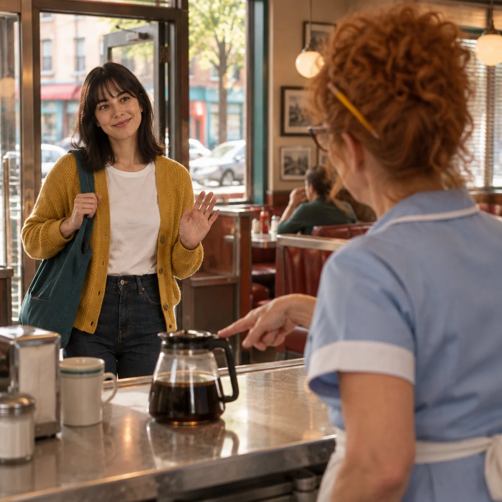 Dee points out Ana’s coffee as Ana arrives at the counter.