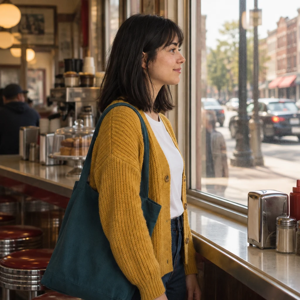 Ana turns toward the street as she explains that her phone is still at home.