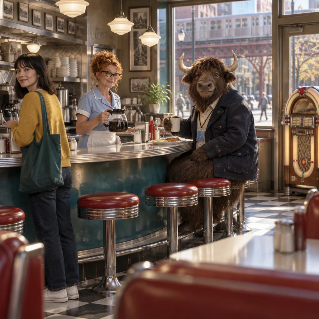 Ana stands at the counter with her tote bag while Dee holds the coffee pot and Murray sits at the end with eggs and unfinished coffee.