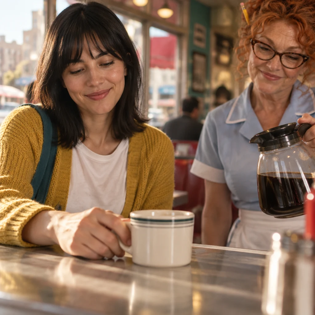 Ana looks down at the coffee mug beside her hand while Dee and the coffee pot are nearby.