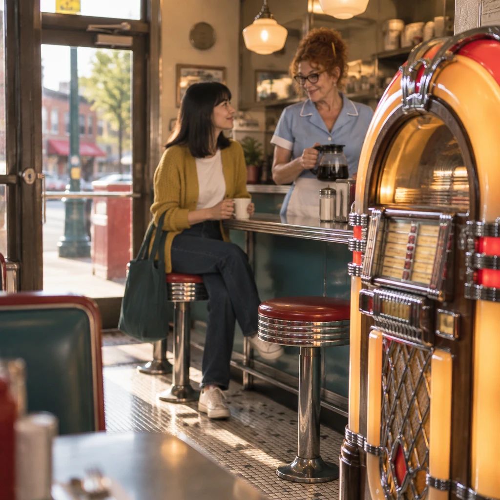 The quiet jukebox stands by the door while Ana and Dee remain near the counter in the background.