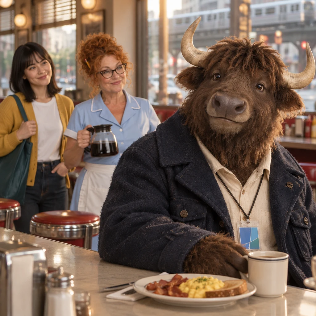 Murray gives a polite greeting as Ana and Dee look toward him from the counter.
