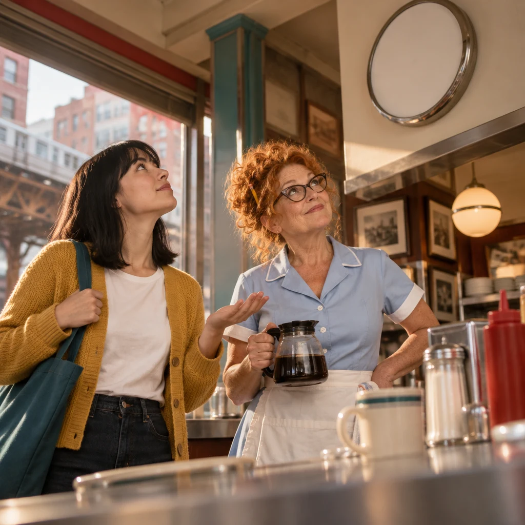 Ana looks up toward the plain wall clock as Dee stands nearby holding the coffee pot.