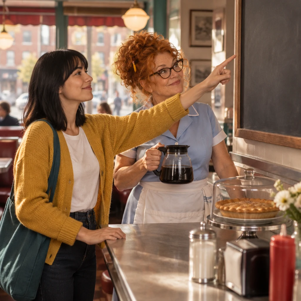 Ana points toward the clean chalkboard while Dee gestures toward a pie on the counter.