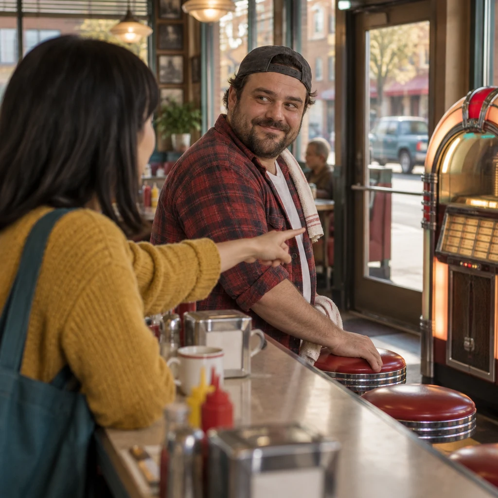Ana gestures toward the jukebox as Danny looks in its direction.