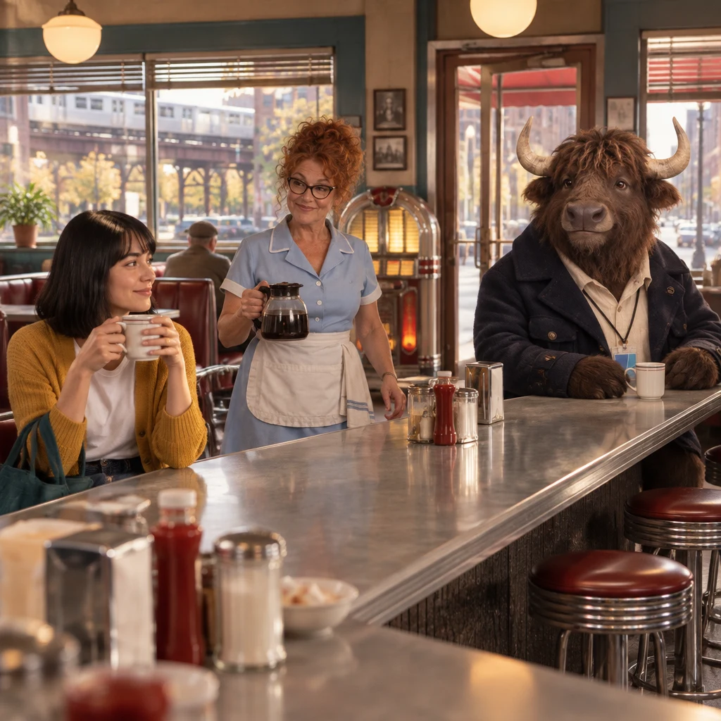The morning conversation begins at the Blue Plate counter as Murray starts telling Ana about the jukebox.