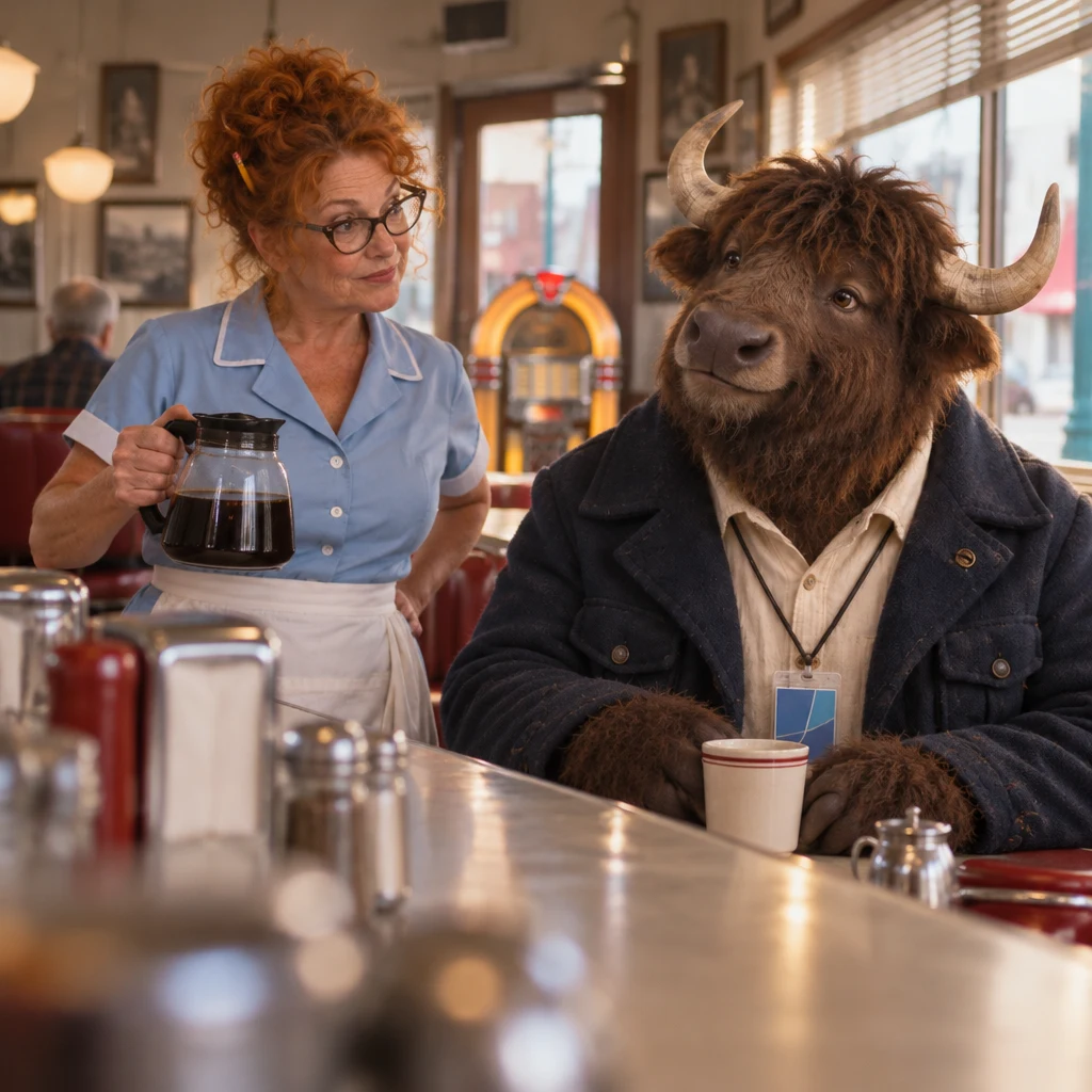 Dee pauses with the coffee pot and prompts Murray to explain why he thinks the jukebox made a sound.