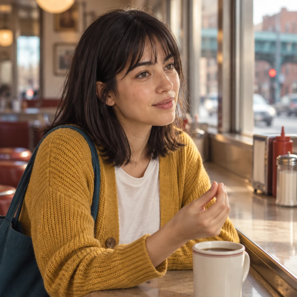Ana asks how many times the sound happens, making a small repeated gesture beside her mug.