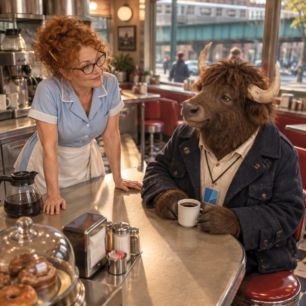 Dee leans across the counter and encourages Murray to make his example clearer.