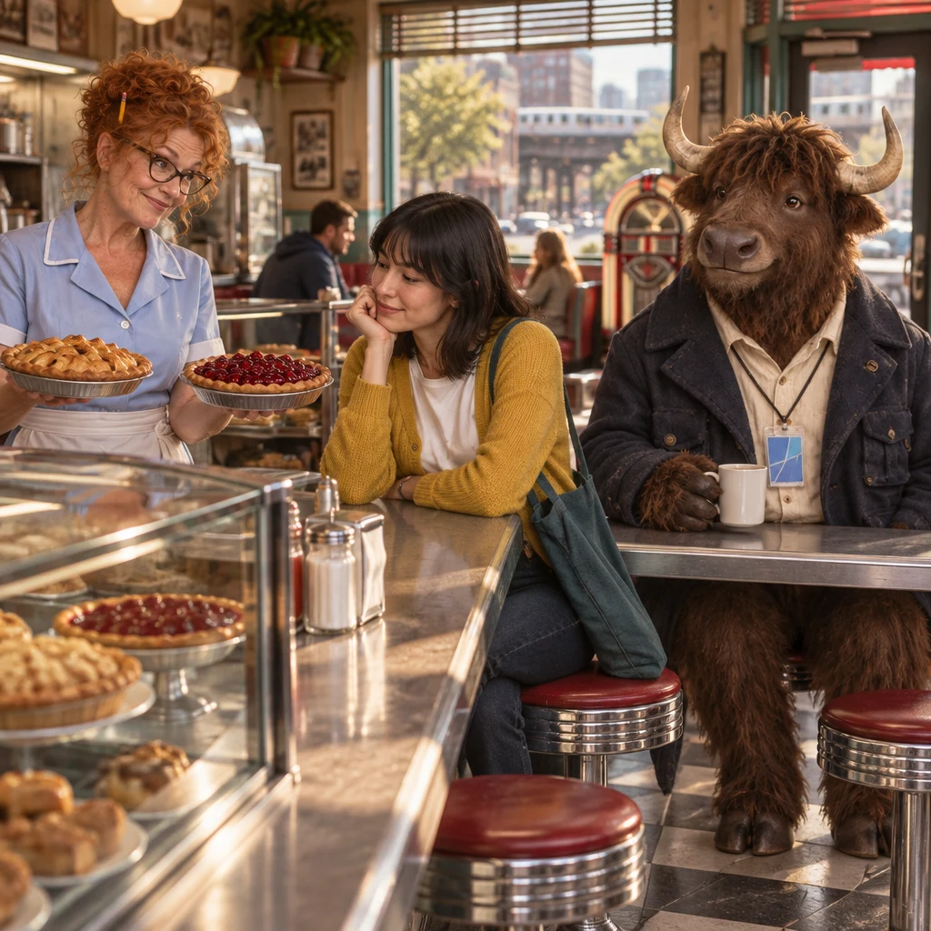 Dee presents apple and cherry pies while Ana considers both and Murray sits nearby with full coffee.