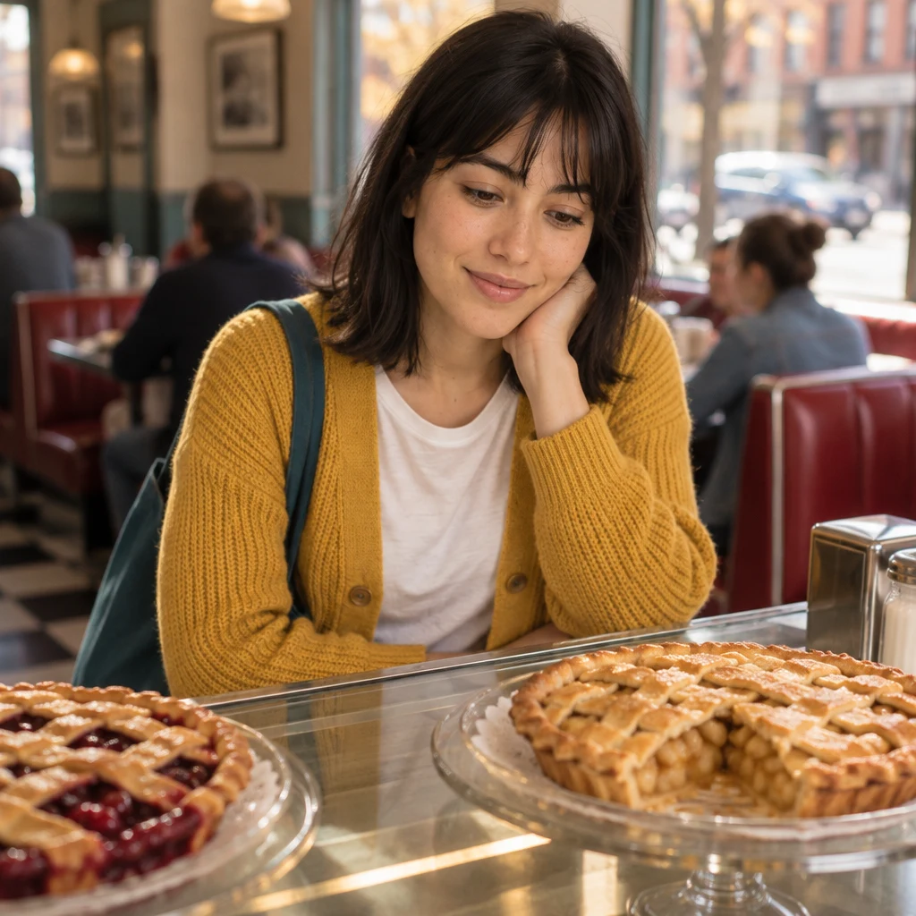 Ana looks toward the apple pie with more interest than the cherry pie.